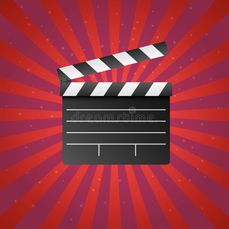 Icona realistica di ciac del film e di film su fondo rosso con i raggi e le stelle del sole Modello del bordo dell'ardesia del ci illustrazione vettoriale