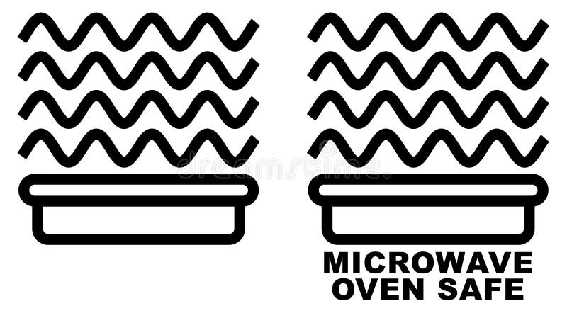 Microwave safe container icon. Simple black lines food container drawing with sinus waves above. Graphic symbol only and also version with text. Microwave safe container icon. Simple black lines food container drawing with sinus waves above. Graphic symbol only and also version with text.