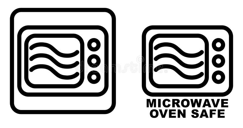 Microwave safe container icon. Simple black lines oven drawing with three wave curves ine. Graphic symbol only and also version with text. Microwave safe container icon. Simple black lines oven drawing with three wave curves ine. Graphic symbol only and also version with text.