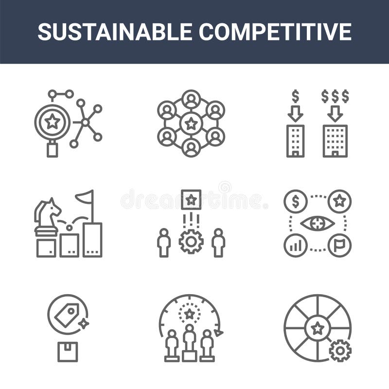 9 icone competitive sostenibili. Icone concorrenziali sostenibili e di tendenza sullo sfondo del bianco. icone di linea sottile, a