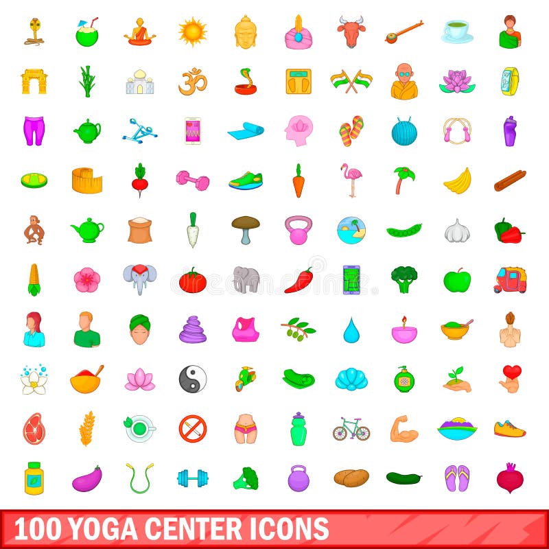 100 yoga center icons set in cartoon style for any design vector illustration. 100 yoga center icons set in cartoon style for any design vector illustration