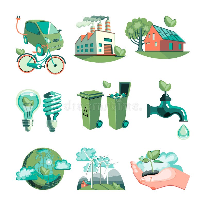 Ecology decorative icons set with earth industry solar panels clean water wind turbines garbage vector illustration. Ecology decorative icons set with earth industry solar panels clean water wind turbines garbage vector illustration