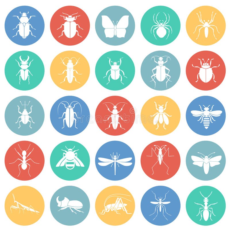 Icone degli insetti messe sul fondo bianco dei cerchi di colore per il grafico ed il web design, segno semplice moderno di vettor royalty illustrazione gratis Icone degli insetti messe sul fondo bianco dei cerchi di colore per il grafico ed il web design, segno semplice moderno di vettor royalty illustrazione gratis