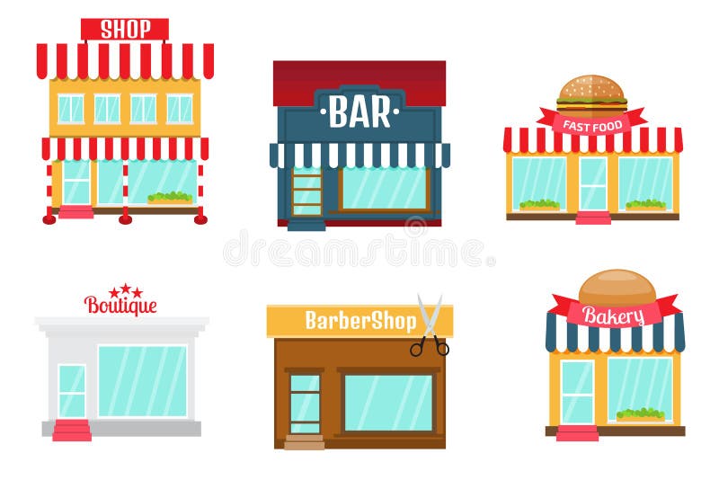 Icone dei negozi messe nello stile piano di progettazione Negozio-mercato, forno, barra o illustrazione di stock Icone dei negozi messe nello stile piano di progettazione Negozio-mercato, forno, barra o illustrazione di stock