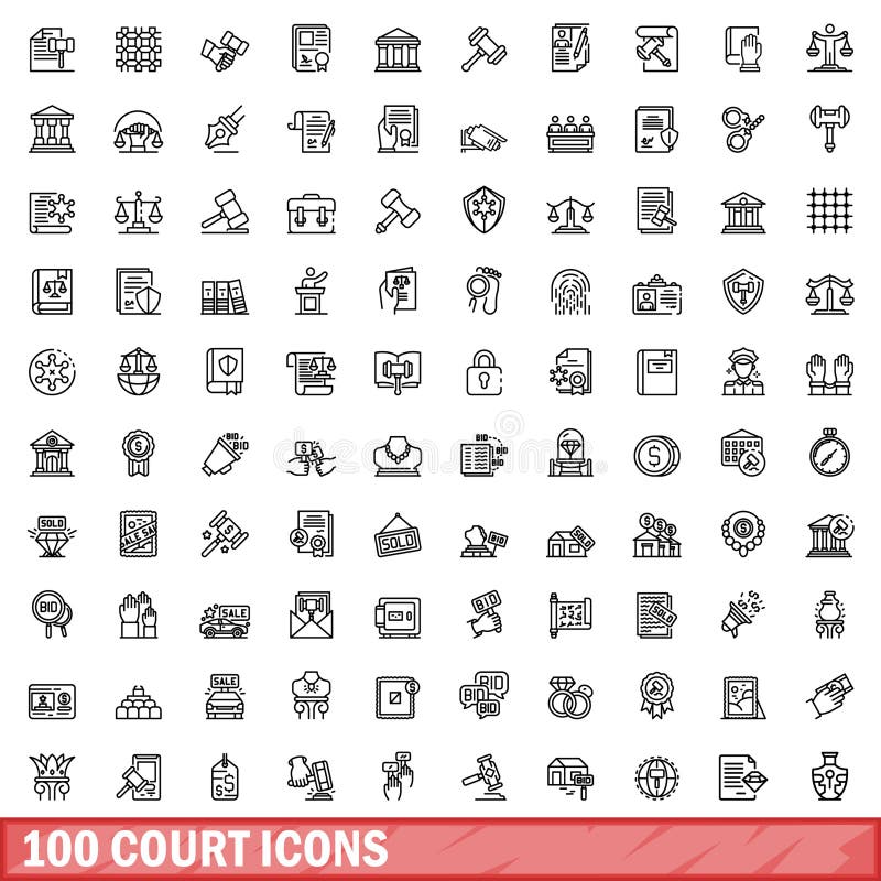 100 court icons set. Outline illustration of 100 court icons vector set isolated on white background. 100 court icons set. Outline illustration of 100 court icons vector set isolated on white background