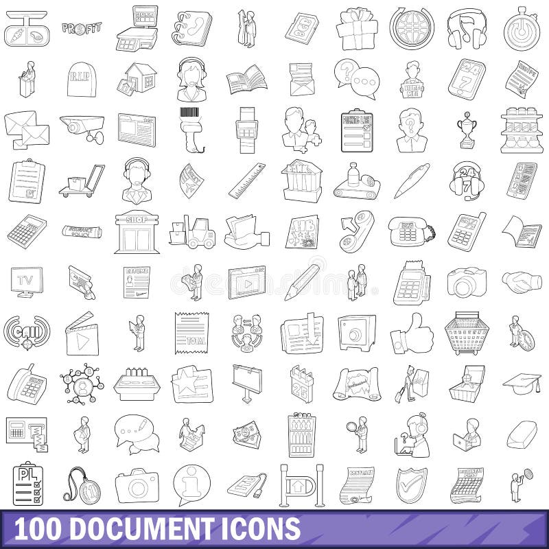 100 document icons set in outline style for any design vector illustration. 100 document icons set in outline style for any design vector illustration