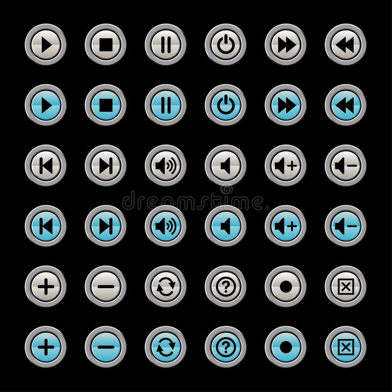 Media player icons and symbols, each with on and off states. Media player icons and symbols, each with on and off states.