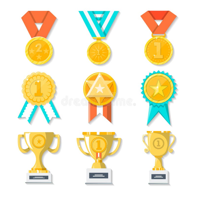 Icone del premio del trofeo di affari o di sport messe Medaglie, tazze dell'oro e premi d'attaccatura dell'oro su bianco royalty illustrazione gratis Icone del premio del trofeo di affari o di sport messe Medaglie, tazze dell'oro e premi d'attaccatura dell'oro su bianco royalty illustrazione gratis