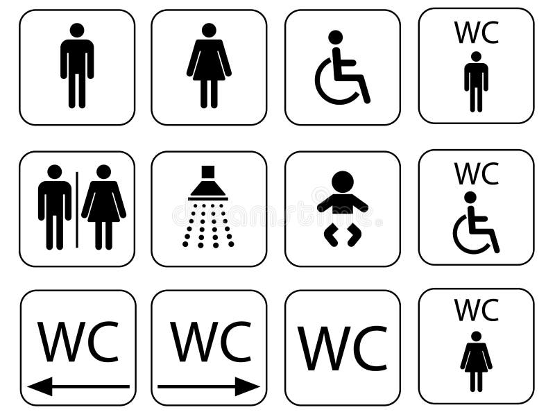 Icone del segno del Wc, toilette e insieme di simboli della toilette illustrazione di stock Icone del segno del Wc, toilette e insieme di simboli della toilette illustrazione di stock