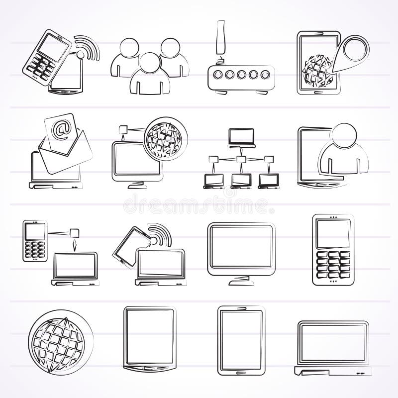 Icone dell'attrezzatura di tecnologia e di comunicazione illustrazione di stock