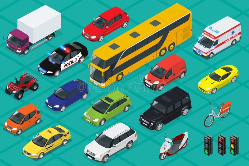 Icone dell'automobile Trasporto isometrico piano della città di alta qualità 3d Berlina, furgone, camion del carico, fuori strada royalty illustrazione gratis Icone dell'automobile Trasporto isometrico piano della città di alta qualità 3d Berlina, furgone, camion del carico, fuori strada royalty illustrazione gratis