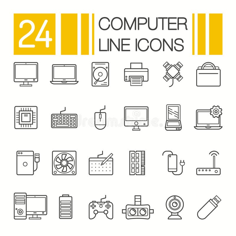 Icone dell'hardware di calcolatore Le componenti ed i dispositivi del PC assottigliano la linea vettore royalty illustrazione gratis Icone dell'hardware di calcolatore Le componenti ed i dispositivi del PC assottigliano la linea vettore royalty illustrazione gratis