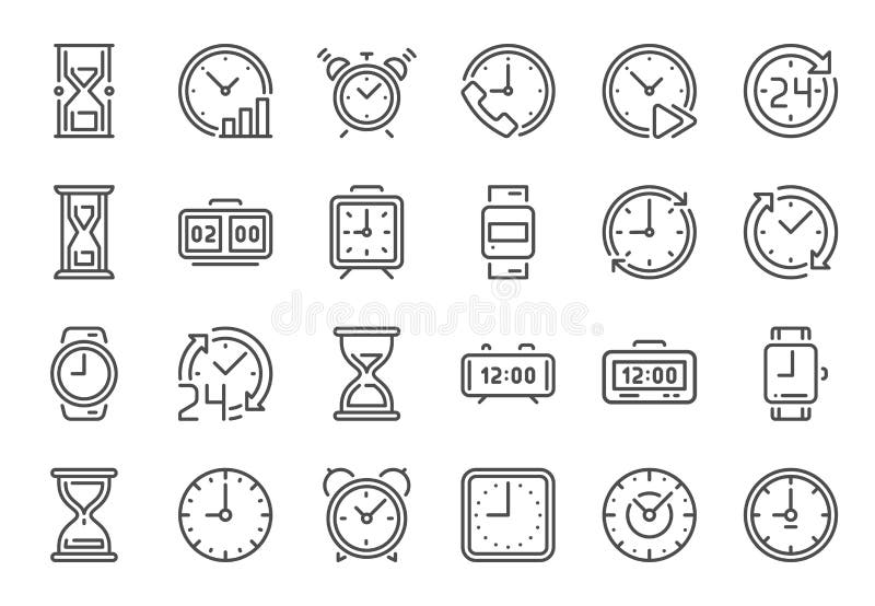 Icone dell'orologio del profilo Linea tempo, 24 ore di orologi ed insieme di vettore dell'icona della clessidra royalty illustrazione gratis Icone dell'orologio del profilo Linea tempo, 24 ore di orologi ed insieme di vettore dell'icona della clessidra royalty illustrazione gratis