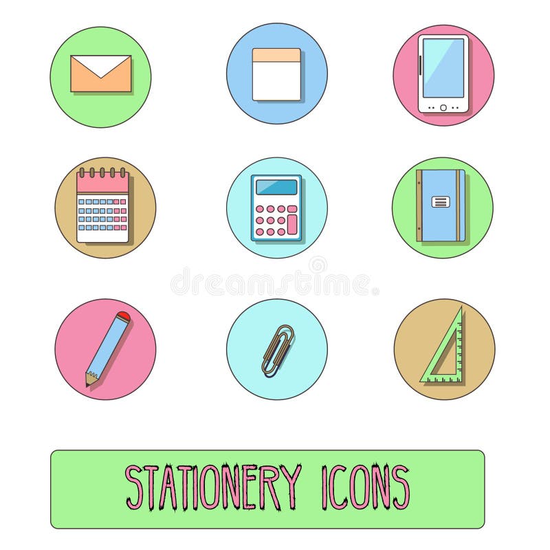 Icone della cancelleria Vector i simboli degli oggetti dell'ufficio, stile disegnato a mano illustrazione di stock Icone della cancelleria Vector i simboli degli oggetti dell'ufficio, stile disegnato a mano illustrazione di stock