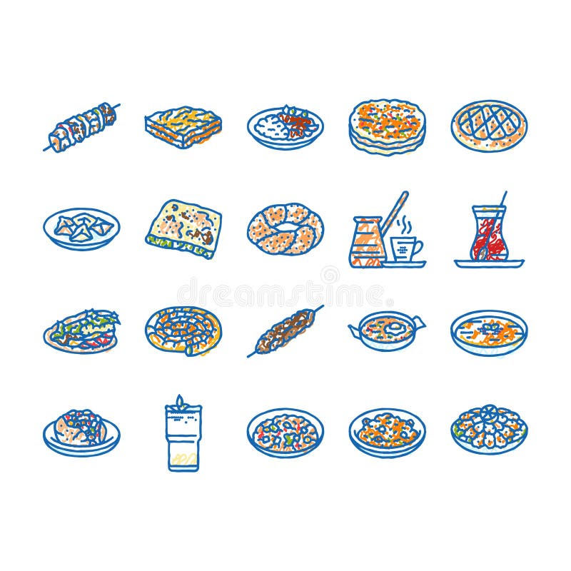 Icone della cucina turca disegnate a mano illustrazione di stock