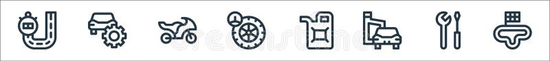 Icone della linea automobilistica. insieme lineare. serie di linee vettoriali di qualità, come gli utensili di circuito, la ripara illustrazione vettoriale