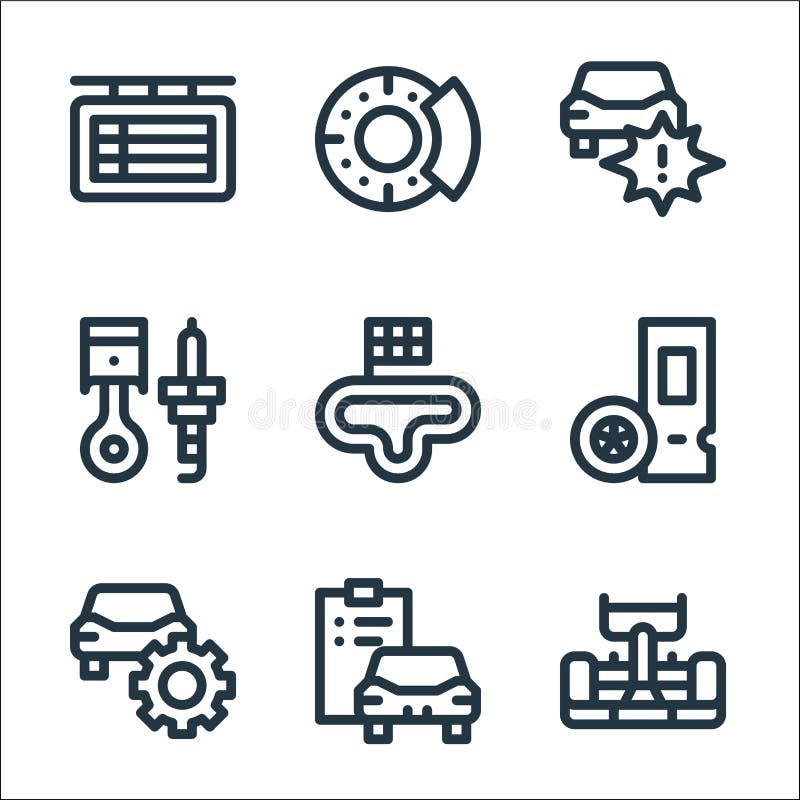 Icone della linea automobilistica. insieme lineare. serie di linee vettoriali di qualità, come il circuito dei biglietti di ripara royalty illustrazione gratis