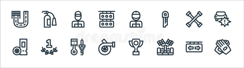 Icone della linea automobilistica. insieme lineare. serie di linee vettoriali di qualità, come il raccoglitore di rinforzi per mot royalty illustrazione gratis
