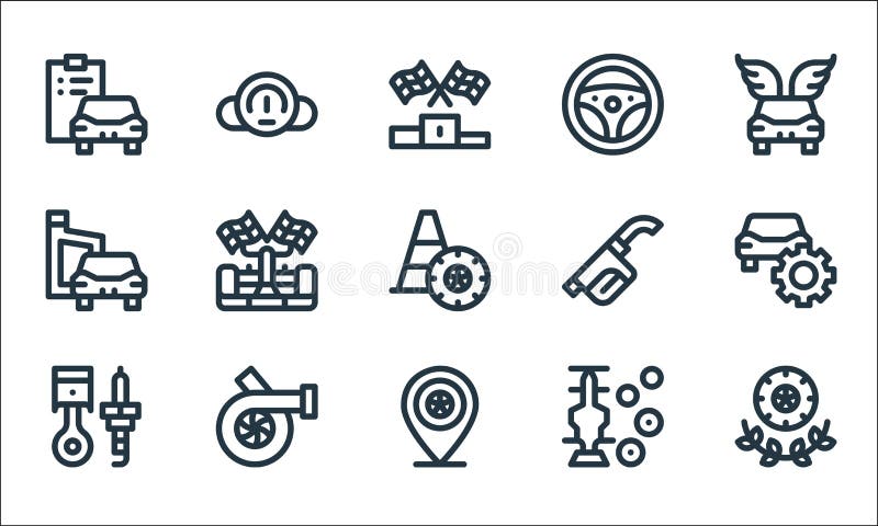 Icone della linea automobilistica. insieme lineare. serie di linee vettoriali di qualità, come la posizione del vincitore, la pomp illustrazione vettoriale
