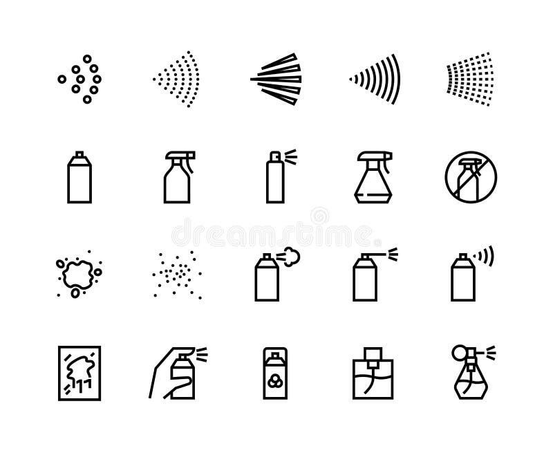 Icone della linea di spruzzo Con aerosol per la pulizia, maneggiare con spruzzatore, deodorante disinfettante e profumi Vettore