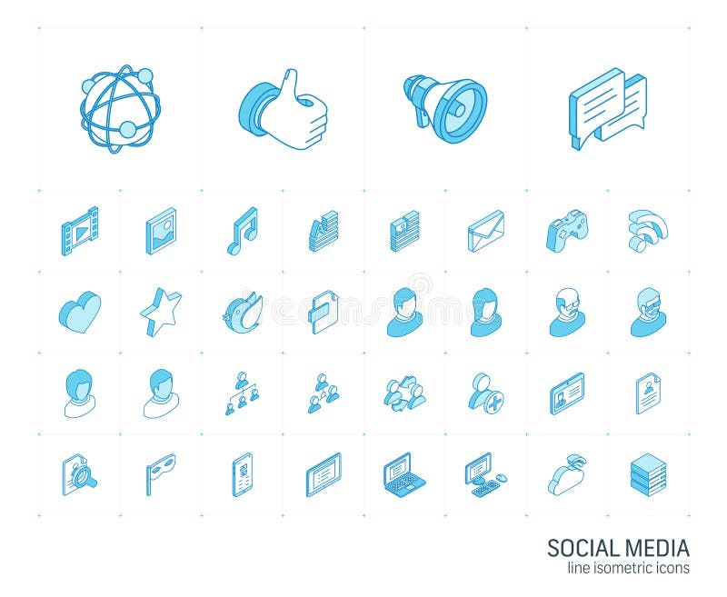 Icone della linea isometrica social media e della rete vettore 3d illustrazione vettoriale