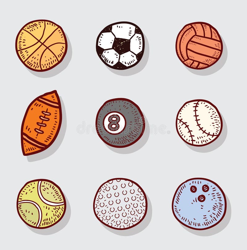 Icone della palla di sport, illustrazione disegnata a mano di vettore illustrazione vettoriale Icone della palla di sport, illustrazione disegnata a mano di vettore illustrazione vettoriale