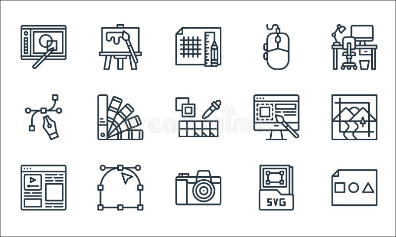 Icone delle linee di progettazione grafica. insieme lineare. serie di linee vettoriali di qualità, ad esempio forme base layout telecamera layout configurazione file svor punto di ancoraggio web de mouse segno di pittura