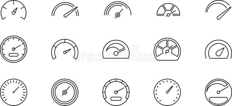 Icone delle linee sottilometriche del vettore di Speedometro. Icona isolata del tachometro della scala indicatore del quadro coman royalty illustrazione gratis
