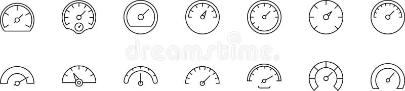 Icone delle linee sottilometriche del vettore di Speedometro. Icona isolata del tachometro della scala indicatore del quadro comandi. Velocità dell'auto. Segno di velocità Internet rapido. Segno del tachimetro.