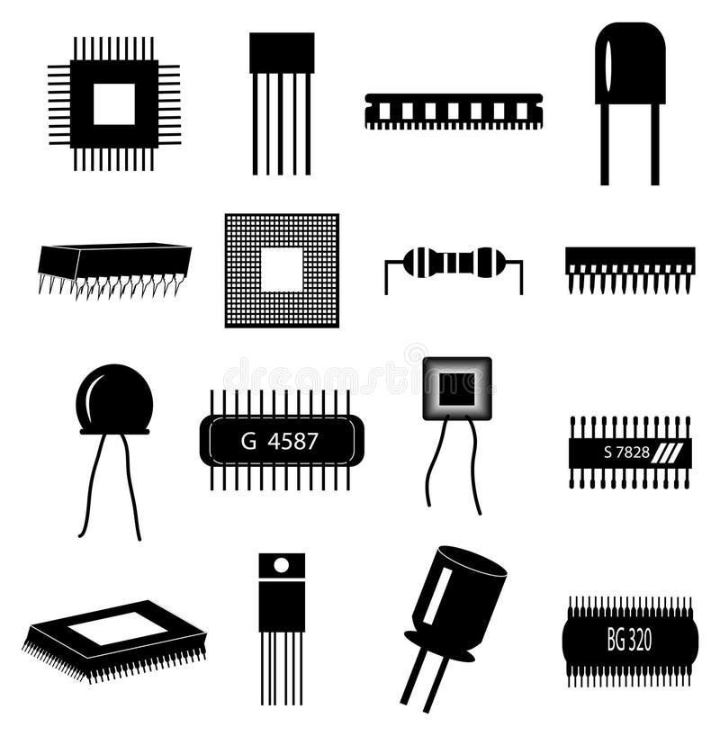 Electronic circuit parts icons set black. Electronic circuit parts icons set black