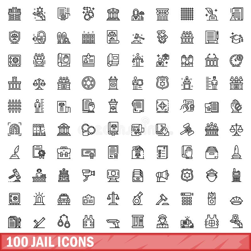 100 jail icons set. Outline illustration of 100 jail icons vector set isolated on white background. 100 jail icons set. Outline illustration of 100 jail icons vector set isolated on white background