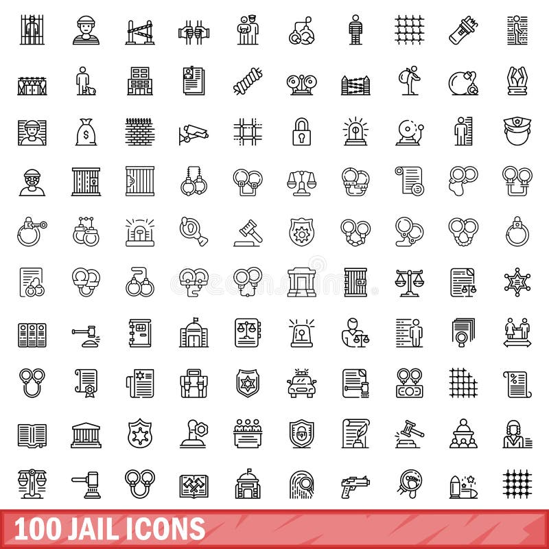 100 jail icons set. Outline illustration of 100 jail icons vector set isolated on white background. 100 jail icons set. Outline illustration of 100 jail icons vector set isolated on white background