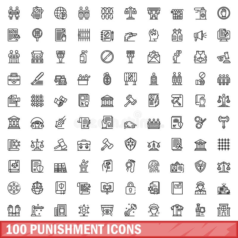 100 punishment icons set. Outline illustration of 100 punishment icons vector set isolated on white background. 100 punishment icons set. Outline illustration of 100 punishment icons vector set isolated on white background