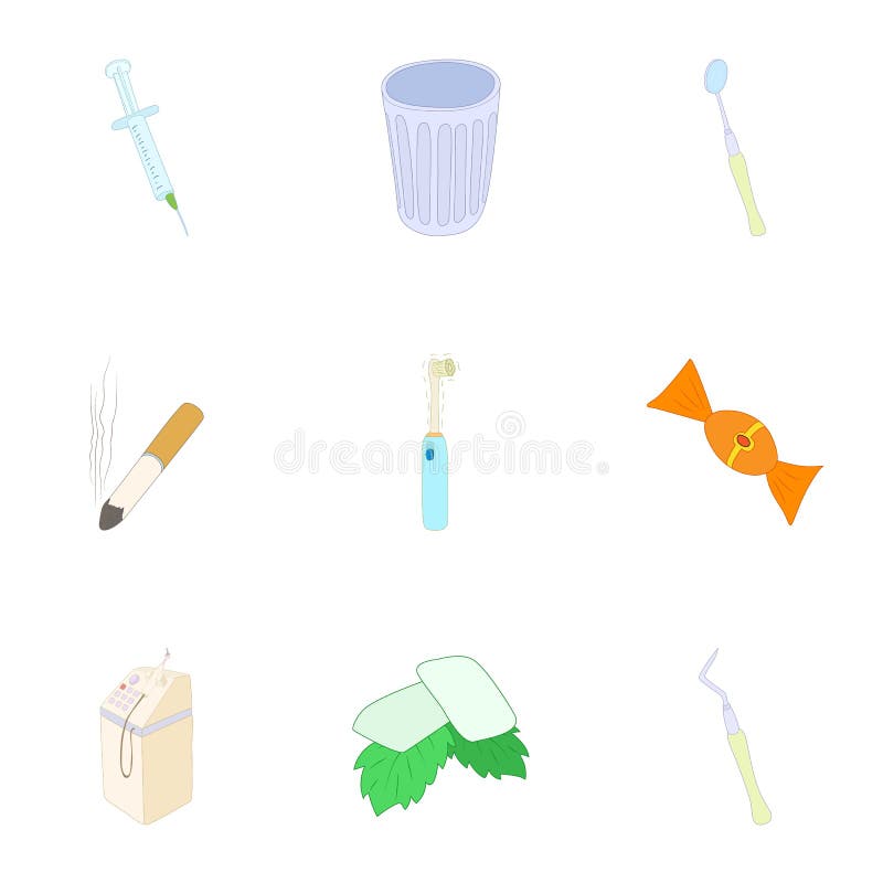 Icone dentarie messe, stile di trattamento del fumetto illustrazione vettoriale Icone dentarie messe, stile di trattamento del fumetto illustrazione vettoriale