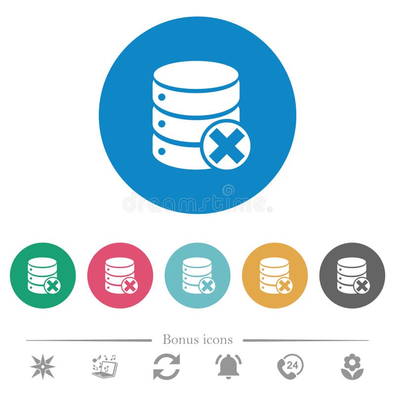 Icone di annullamento primo piano per database. Database annulla icone in bianco piatto su sfondi a colori arrotondati 6 icone bonus incluse