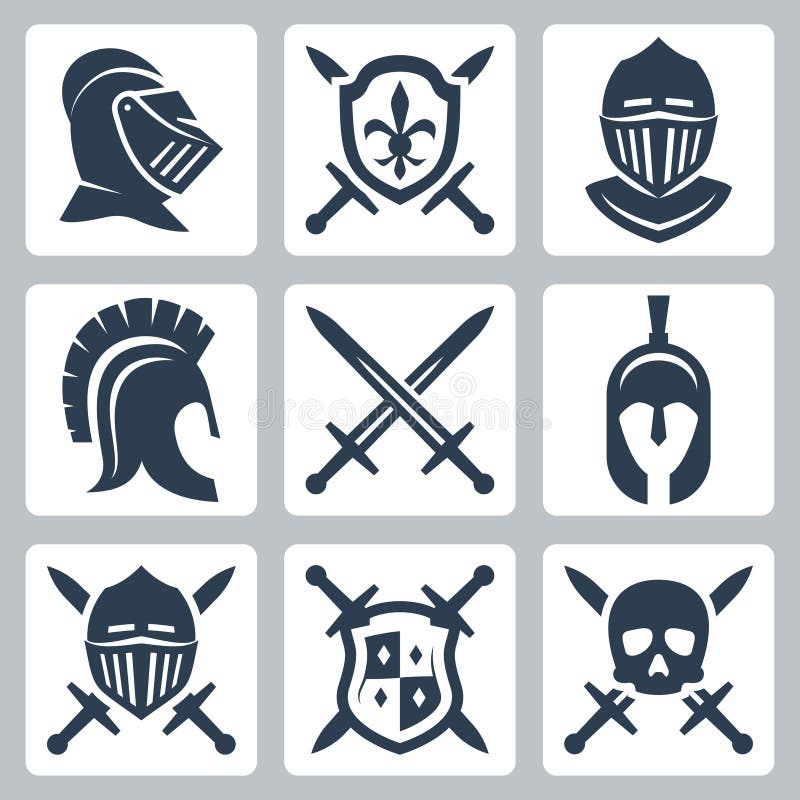 Icone di armatura medievale e spade in stile glifo