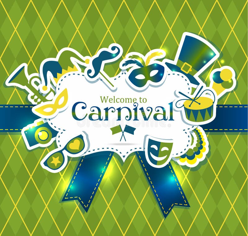 Icone di carnevale di vettore e benvenuto luminosi del segno al carnevale royalty illustrazione gratis Icone di carnevale di vettore e benvenuto luminosi del segno al carnevale royalty illustrazione gratis