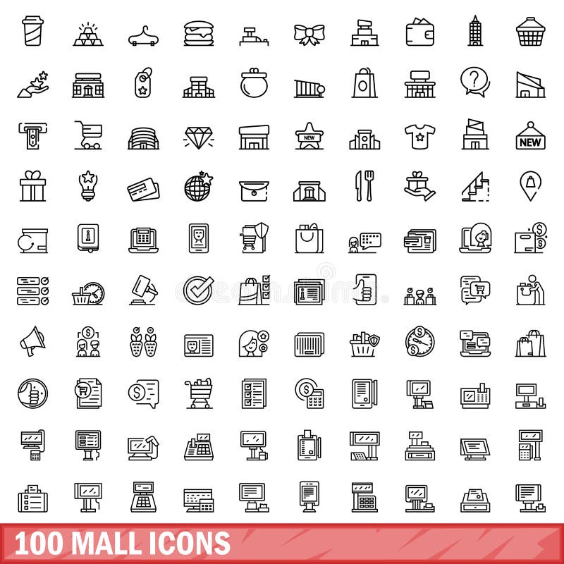 100 mall icons set. Outline illustration of 100 mall icons vector set isolated on white background. 100 mall icons set. Outline illustration of 100 mall icons vector set isolated on white background