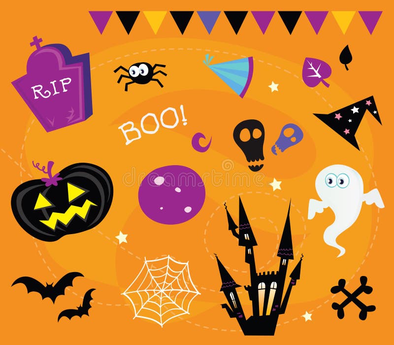 Retro halloween icons and graphic elements isolated on orange background. Vector Illustration. Retro halloween icons and graphic elements isolated on orange background. Vector Illustration.