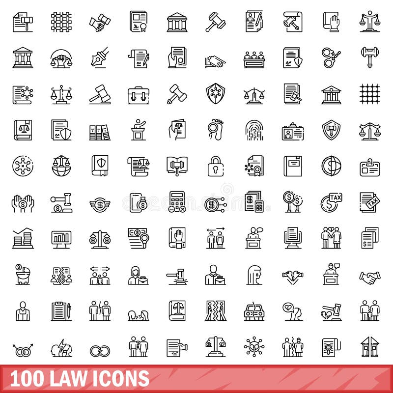 100 law icons set. Outline illustration of 100 law icons vector set isolated on white background. 100 law icons set. Outline illustration of 100 law icons vector set isolated on white background