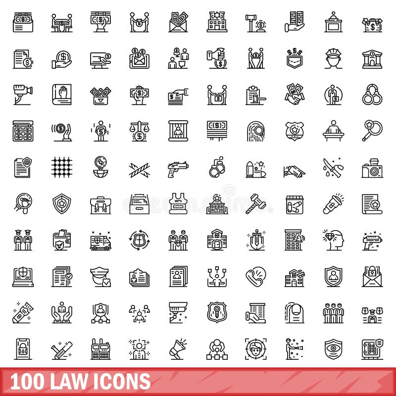 100 law icons set. Outline illustration of 100 law icons vector set isolated on white background. 100 law icons set. Outline illustration of 100 law icons vector set isolated on white background