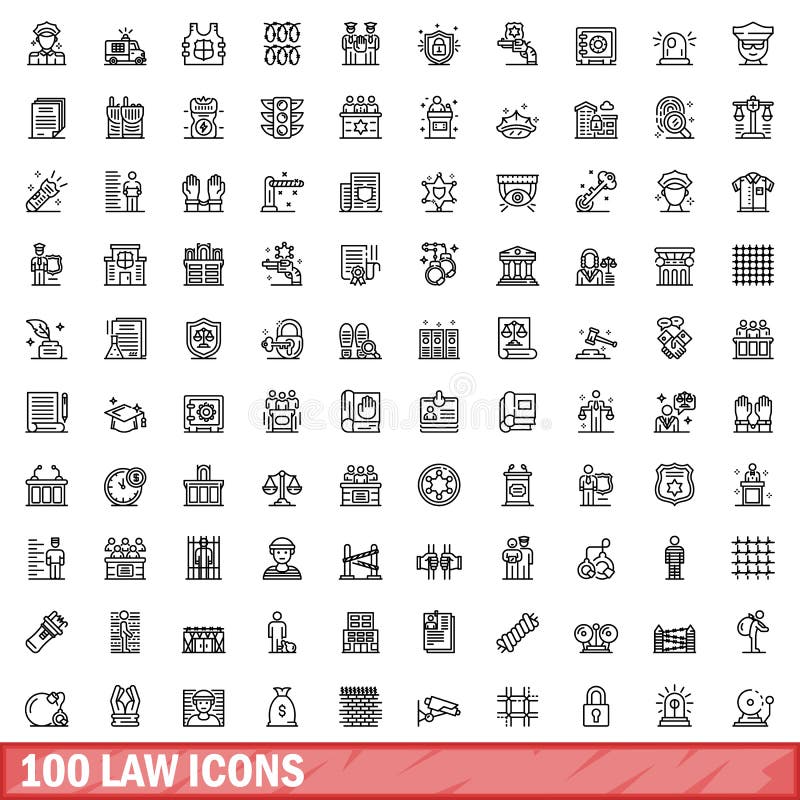 100 law icons set. Outline illustration of 100 law icons vector set isolated on white background. 100 law icons set. Outline illustration of 100 law icons vector set isolated on white background