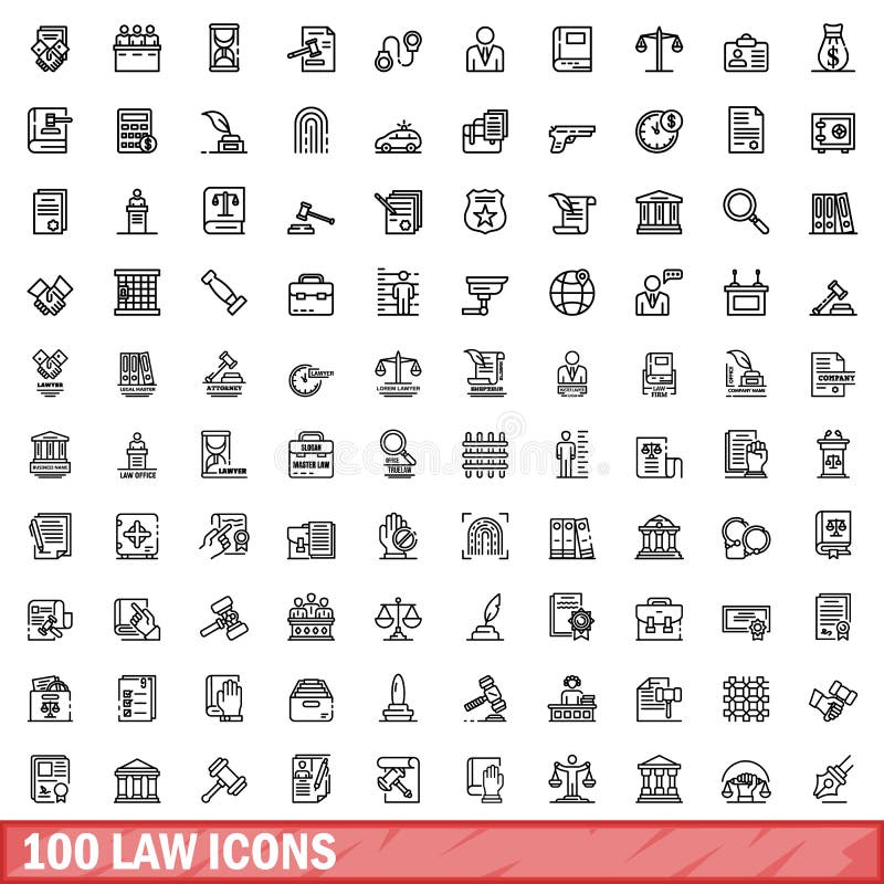 100 law icons set. Outline illustration of 100 law icons vector set isolated on white background. 100 law icons set. Outline illustration of 100 law icons vector set isolated on white background