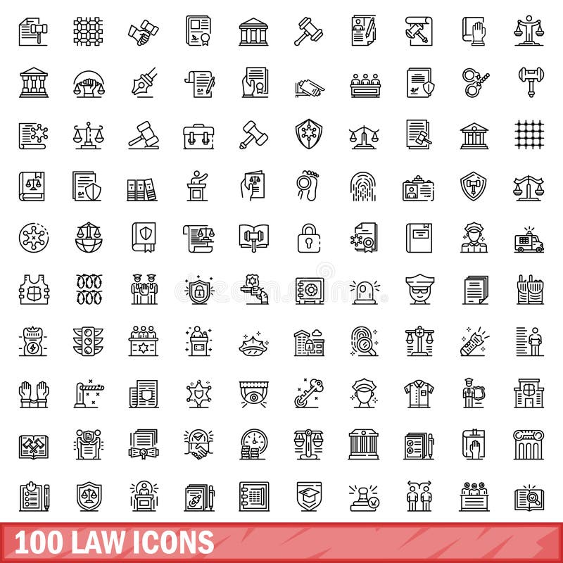 100 law icons set. Outline illustration of 100 law icons vector set isolated on white background. 100 law icons set. Outline illustration of 100 law icons vector set isolated on white background