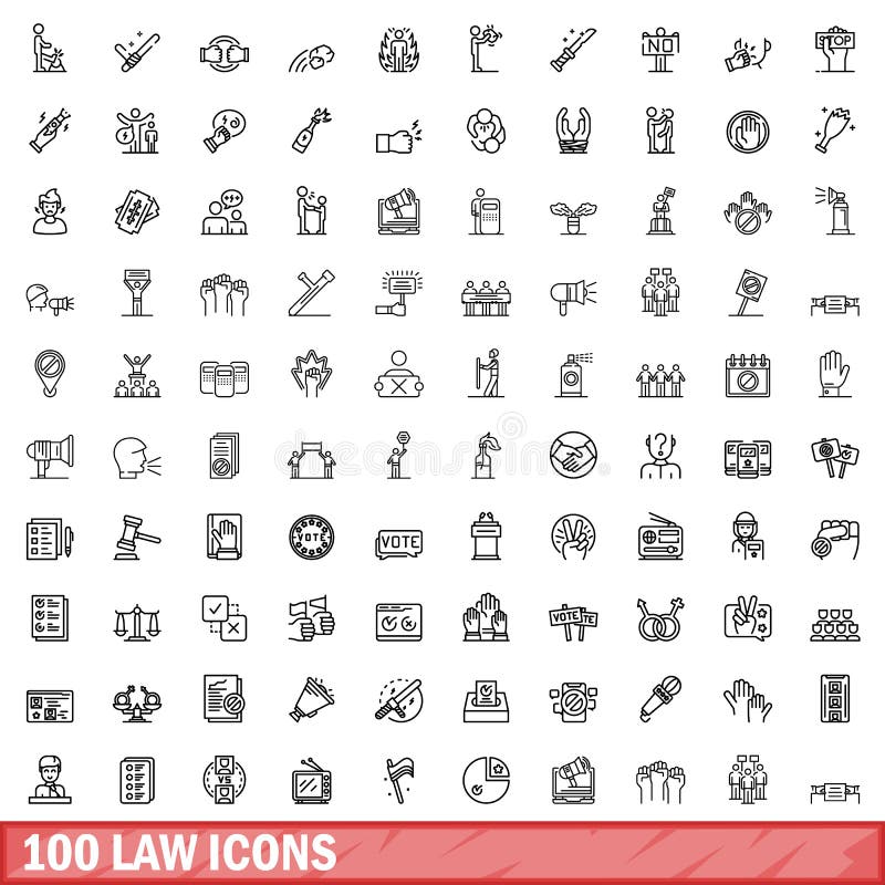 100 law icons set. Outline illustration of 100 law icons vector set isolated on white background. 100 law icons set. Outline illustration of 100 law icons vector set isolated on white background