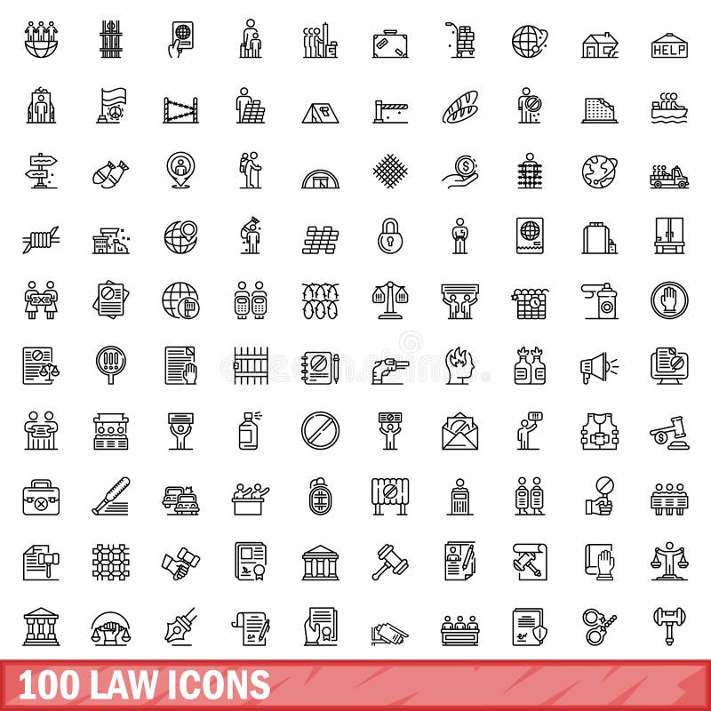 100 law icons set. Outline illustration of 100 law icons vector set isolated on white background. 100 law icons set. Outline illustration of 100 law icons vector set isolated on white background