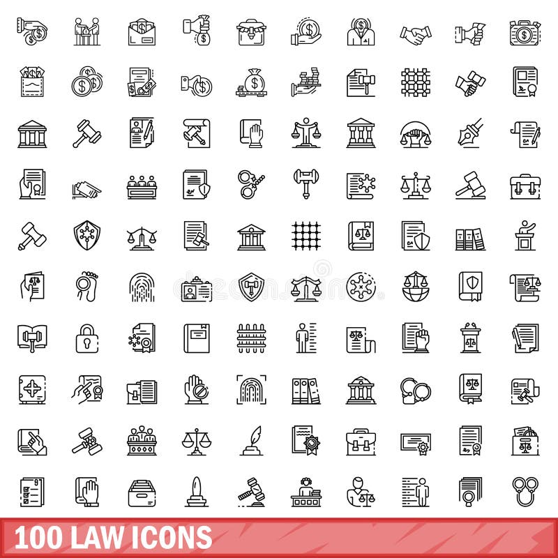 100 law icons set. Outline illustration of 100 law icons vector set isolated on white background. 100 law icons set. Outline illustration of 100 law icons vector set isolated on white background