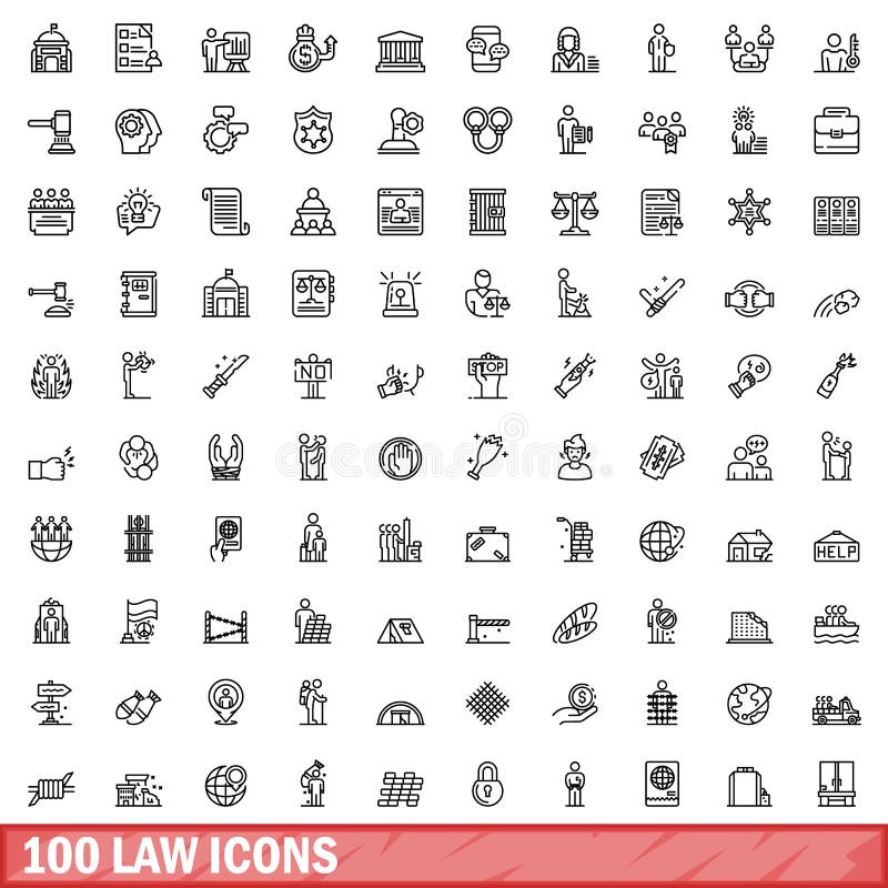 100 law icons set. Outline illustration of 100 law icons vector set isolated on white background. 100 law icons set. Outline illustration of 100 law icons vector set isolated on white background