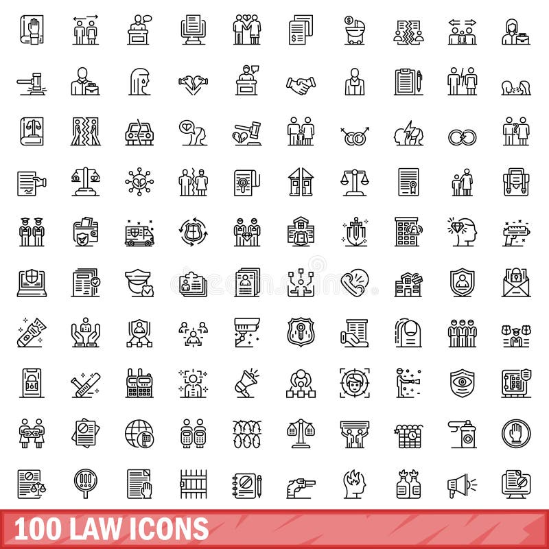 100 law icons set. Outline illustration of 100 law icons vector set isolated on white background. 100 law icons set. Outline illustration of 100 law icons vector set isolated on white background