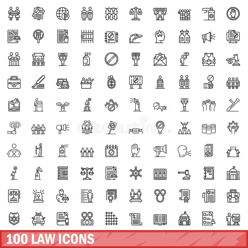 100 law icons set. Outline illustration of 100 law icons vector set isolated on white background. 100 law icons set. Outline illustration of 100 law icons vector set isolated on white background